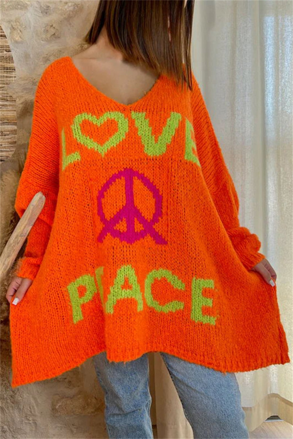 Peace Graphic V-Neck Long Sleeve Sweater-Angel Casuals