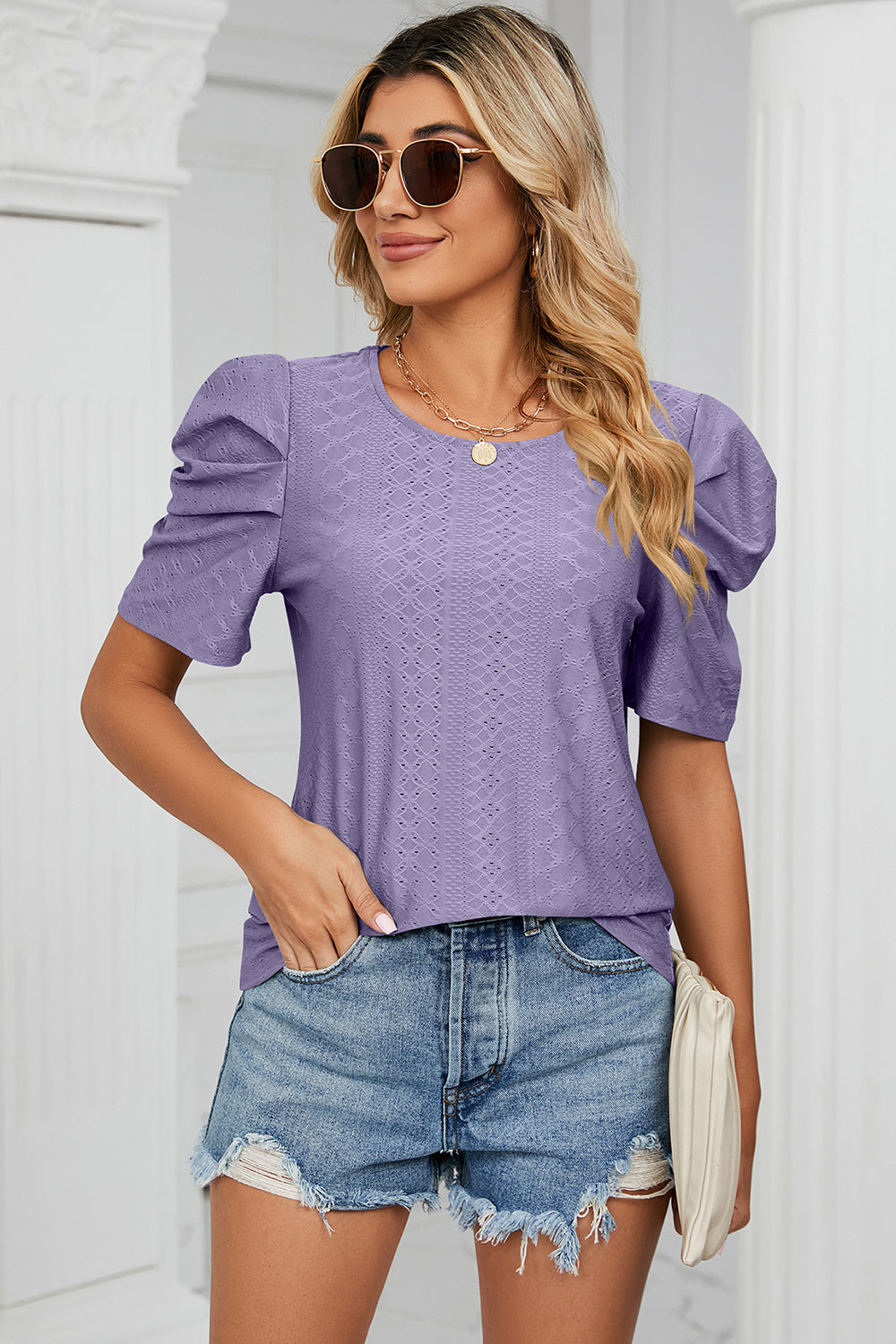 Eyelet Round Neck Puff Sleeve T-Shirt-Angel Casuals