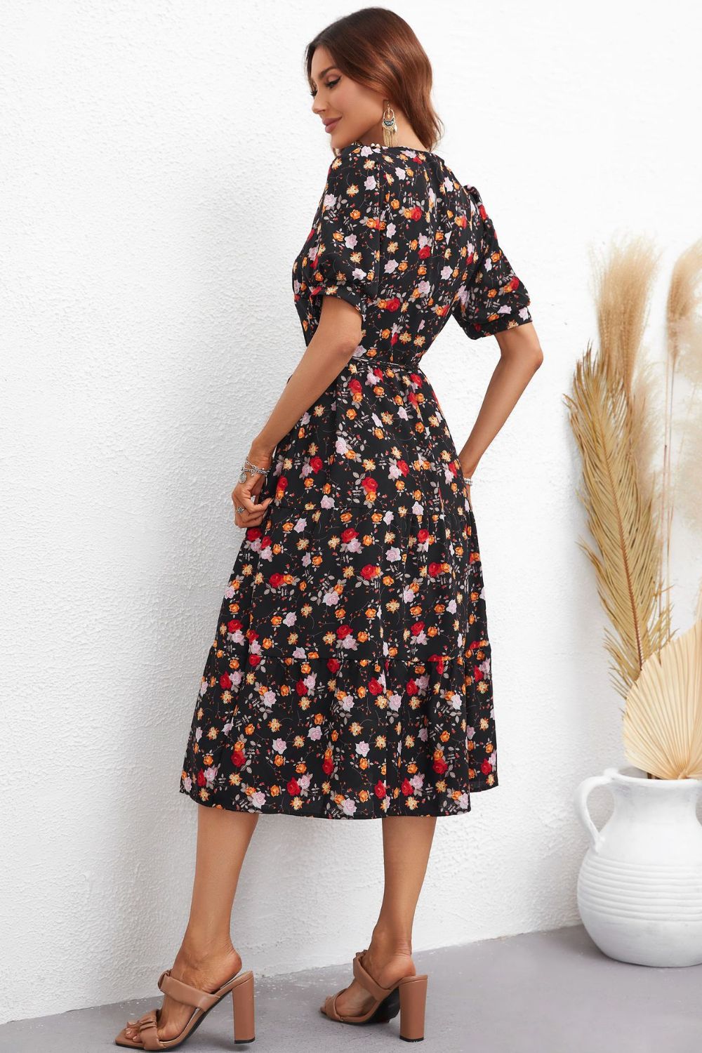 Floral Collared Neck Puff Sleeve Dress-Angel Casuals