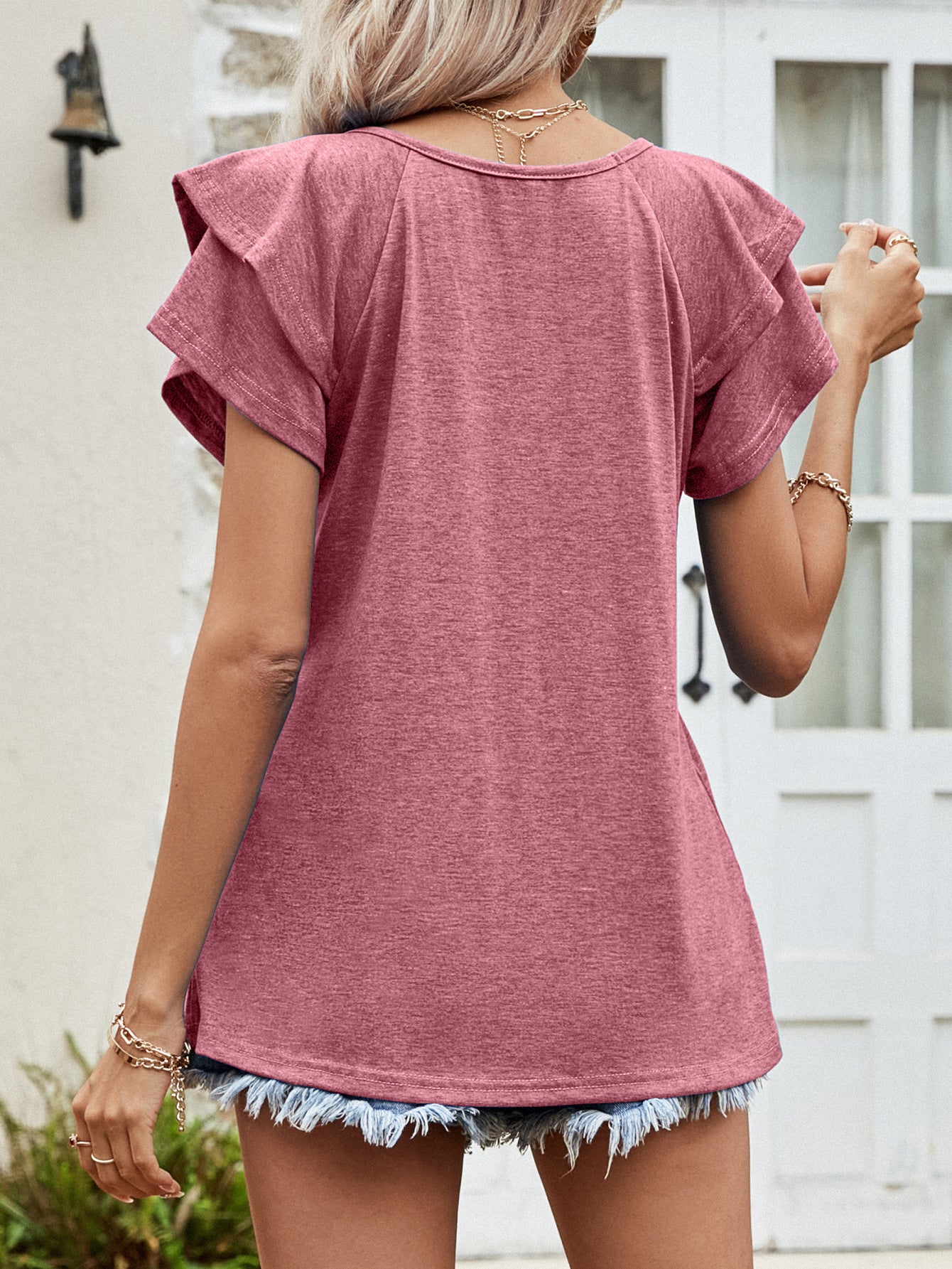 Layered Flutter Sleeve V-Neck Top-Angel Casuals