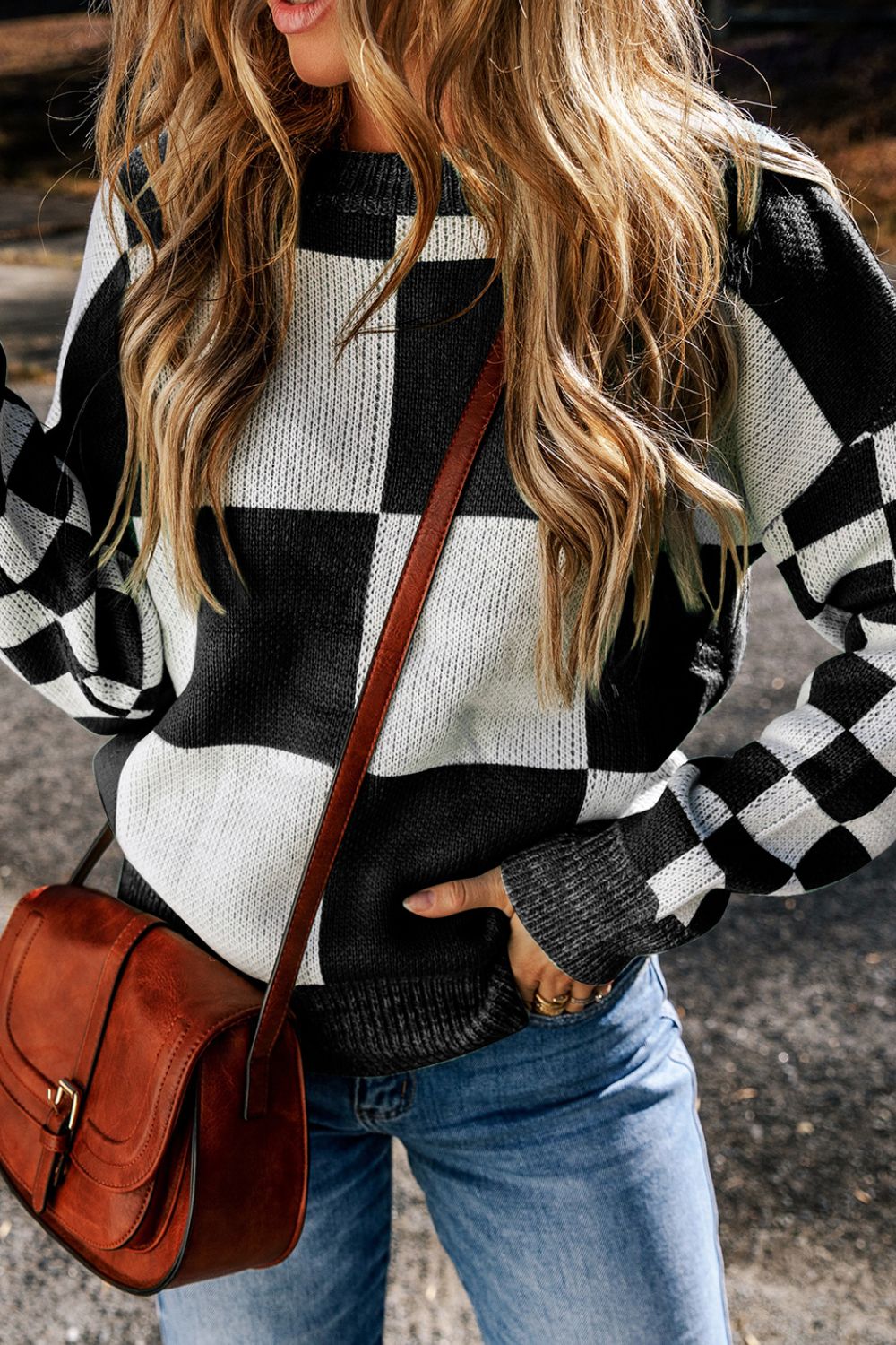 Checkered Round Neck Drop Shoulder Sweater-Angel Casuals