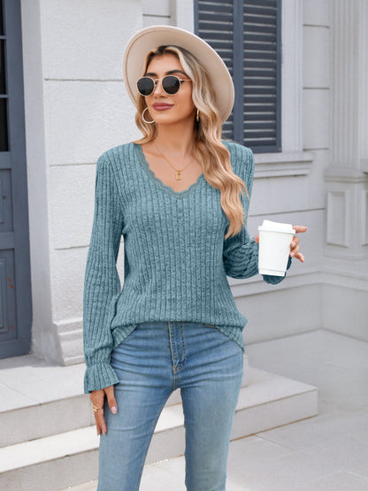 Lace Detail V-Neck Long Sleeve T-Shirt-Angel Casuals