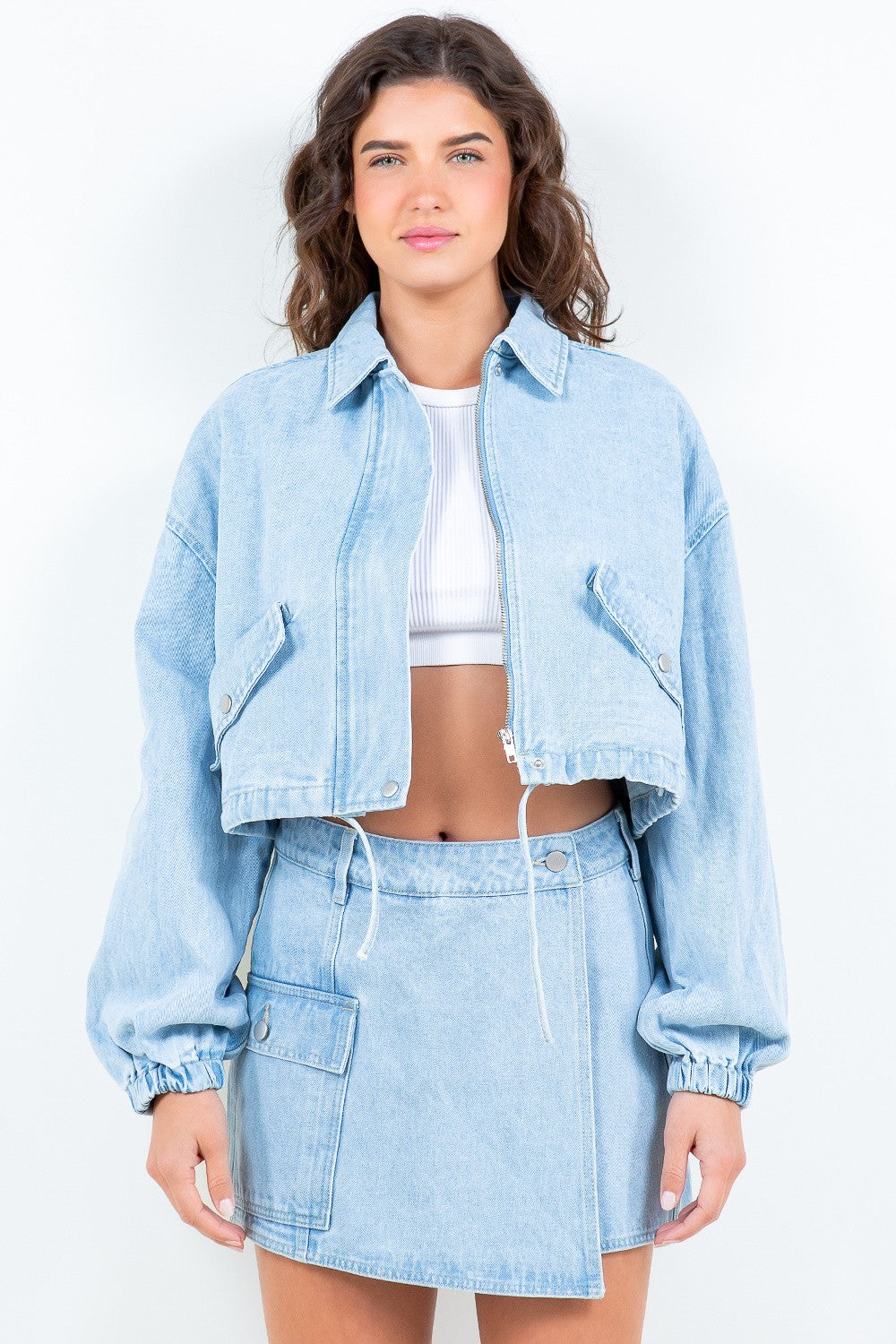 American Bazi Drawstring Waist Crop Denim Jacket-Angel Casuals