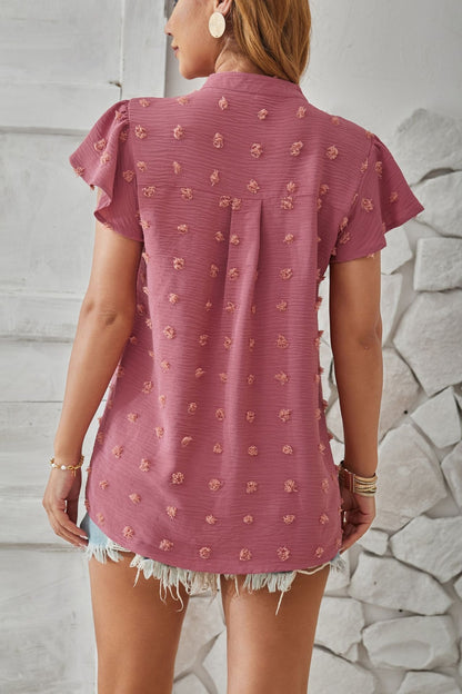 Swiss Dot Notched Cap Sleeve T-Shirt-Angel Casuals