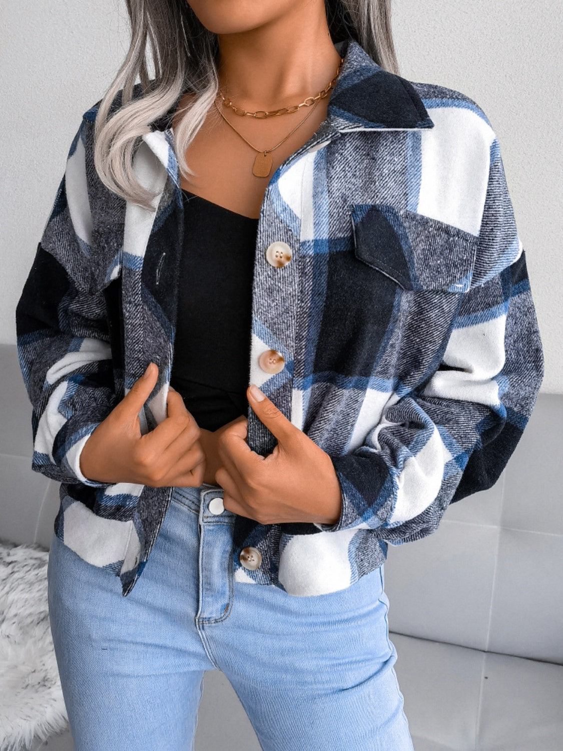 Plaid Collared Neck Long Sleeve Jacket-Angel Casuals