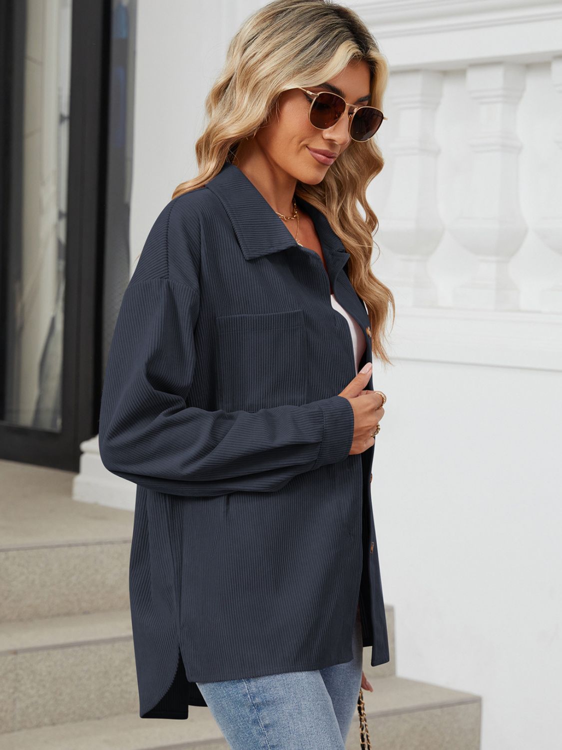 Button Up Dropped Shoulder Long Sleeve Outerwear-Angel Casuals