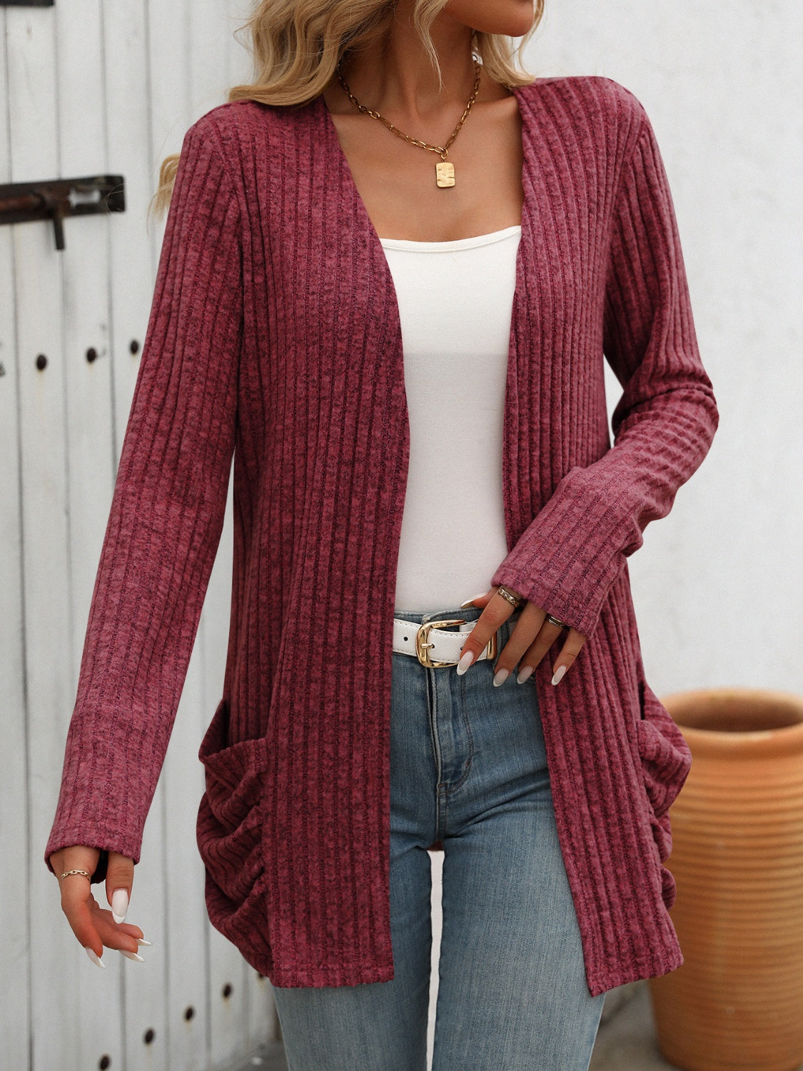 Mandy Open Front Long Sleeve Ribbed Cardigan-Angel Casuals