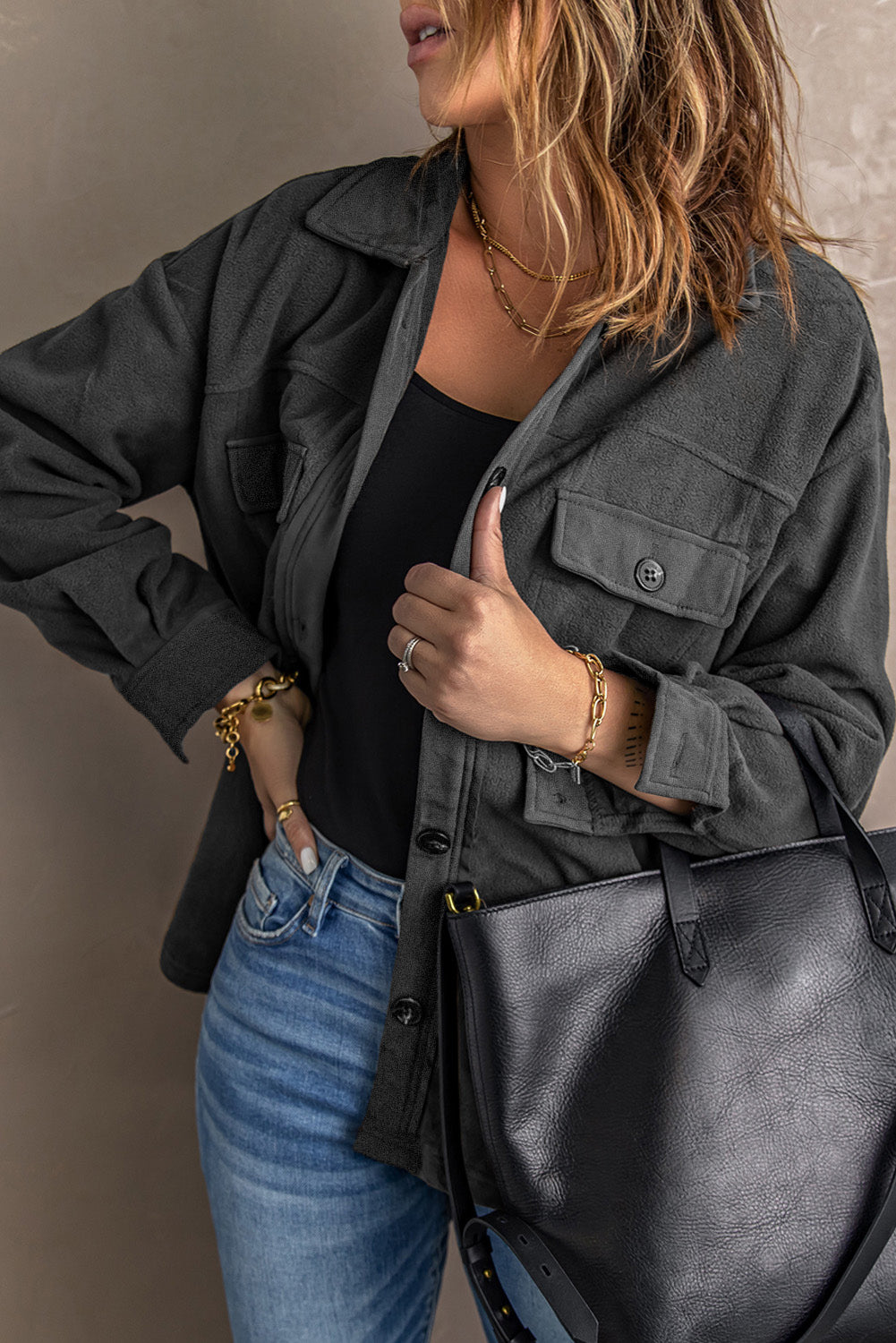 Button Up Collared Neck Long Sleeve Jacket-Angel Casuals