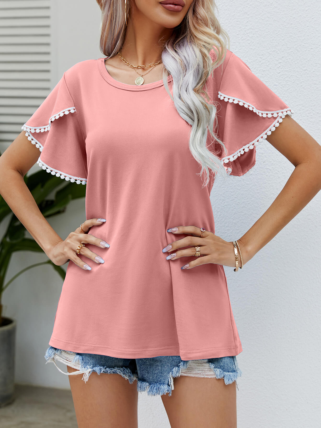 Pom-Pom Trim Flutter Sleeve Round Neck Tee-Angel Casuals