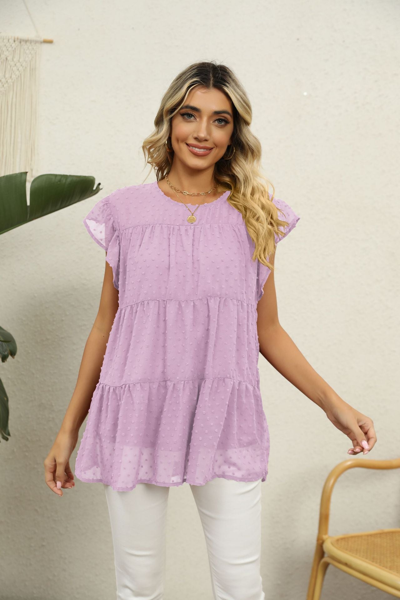 Swiss Dot Round Neck Tiered Blouse-Angel Casuals