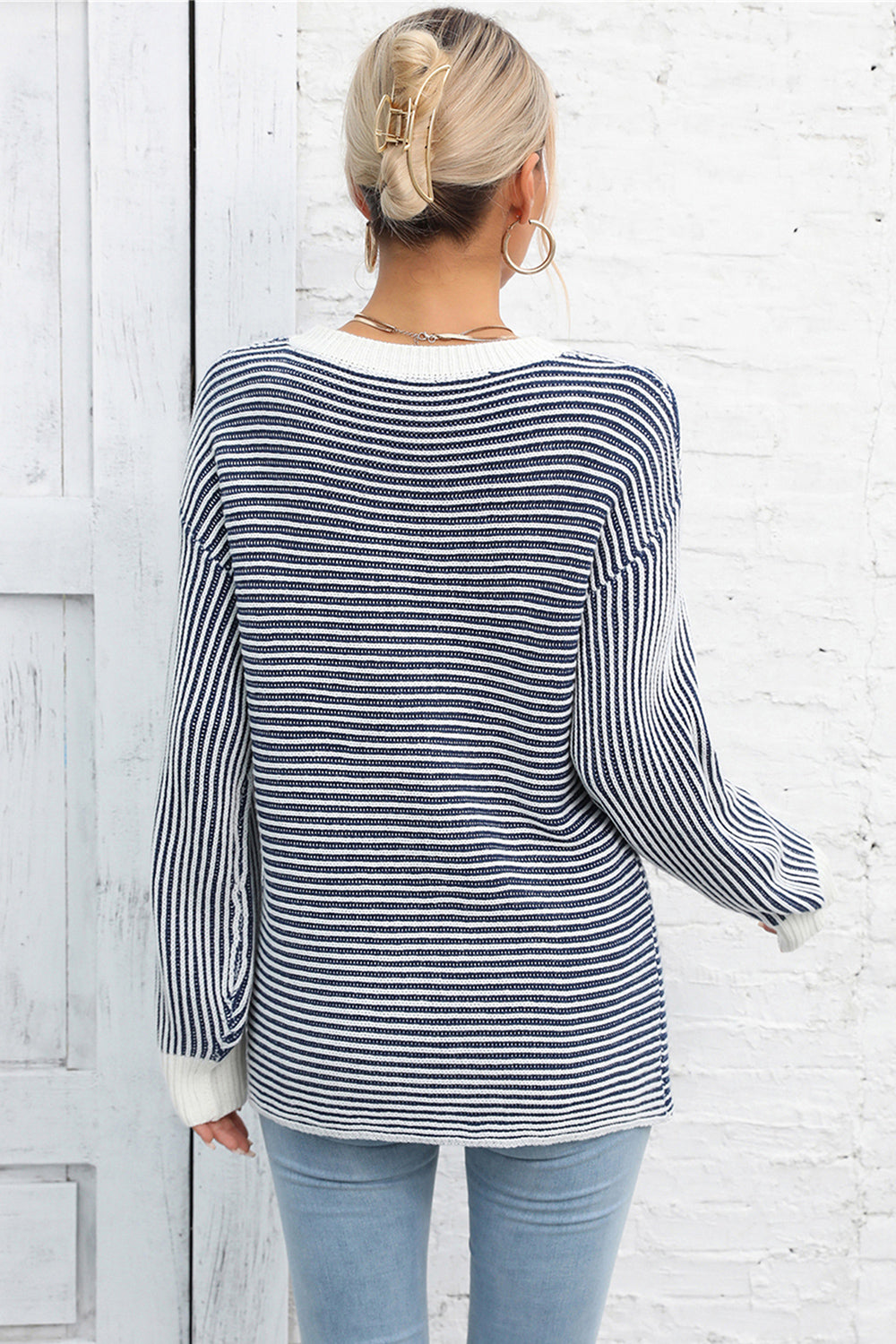 Angel Wings Striped Round Neck Long Sleeve Knit Top-Angel Casuals