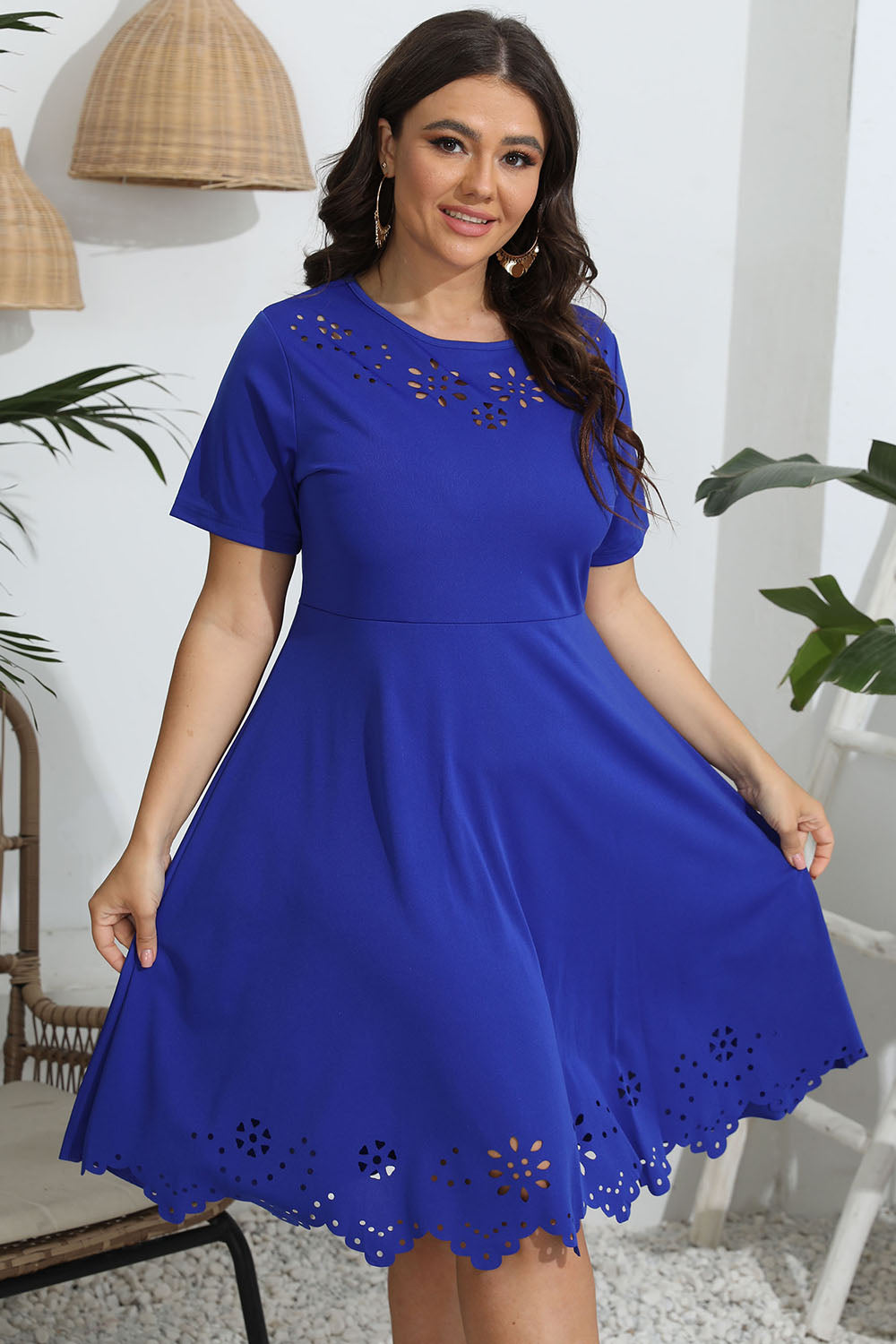 Plus Size Round Neck Openwork Dress-Angel Casuals