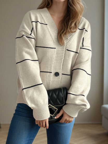Striped Button Down V-Neck Long Sleeve Cardigan-Angel Casuals