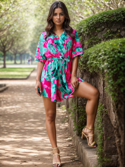 Printed Surplice Half Sleeve Romper-Angel Casuals