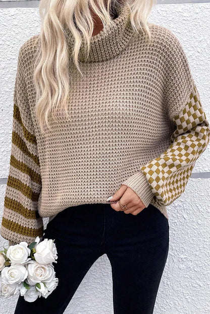 Checkered Striped Turtleneck Long Sleeve Sweater-Angel Casuals