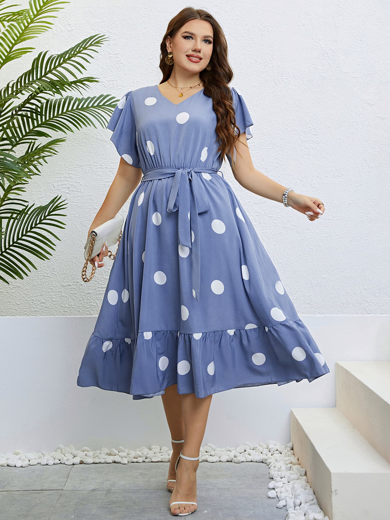 Polka Dot Belted Flutter Sleeve Ruffle Hem Dress-Angel Casuals