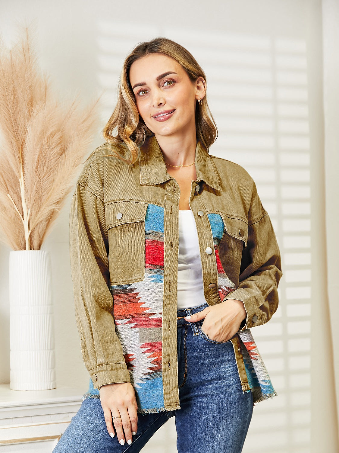 Dropped Shoulder Long Sleeve Printed Denim Jacket-Angel Casuals