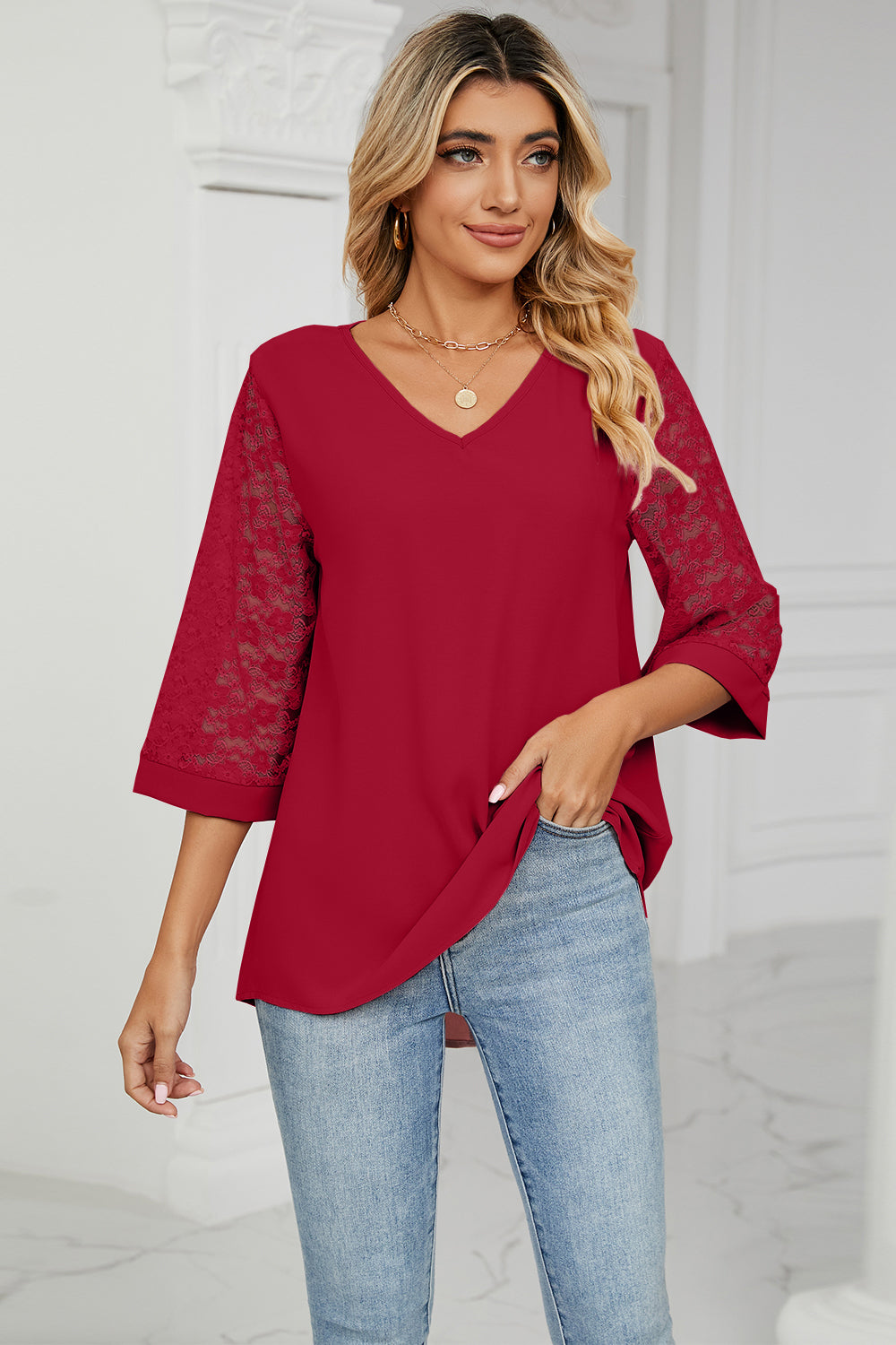 V-Neck Three-Quarter Sleeve Top-Angel Casuals