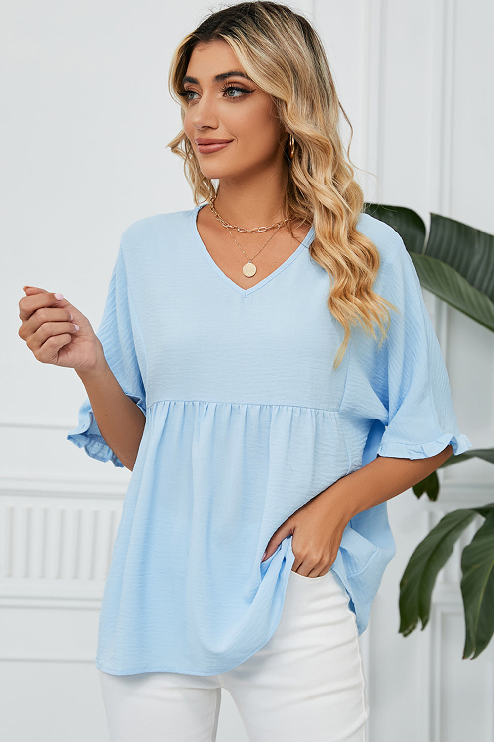 Peplum V-Neck Half Sleeve T-Shirt-Angel Casuals
