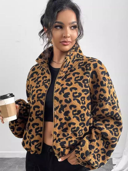 Leopard Zip Up Long Sleeve Jacket-Angel Casuals