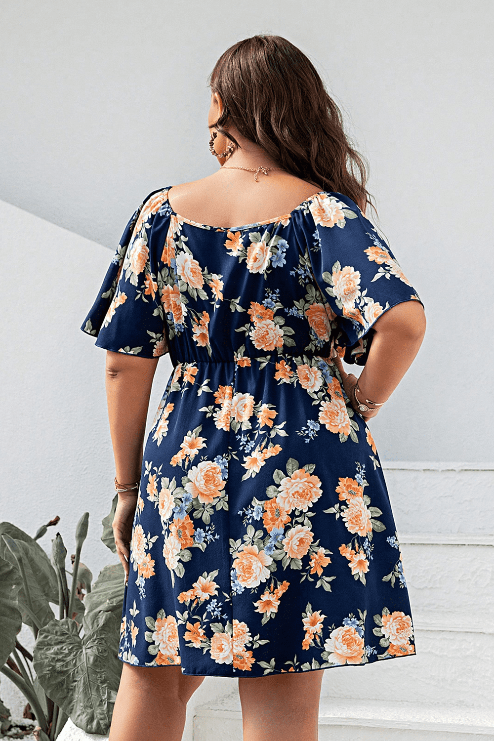 Plus Size Floral Print V-Neck Flutter Sleeve Mini Dress-Angel Casuals