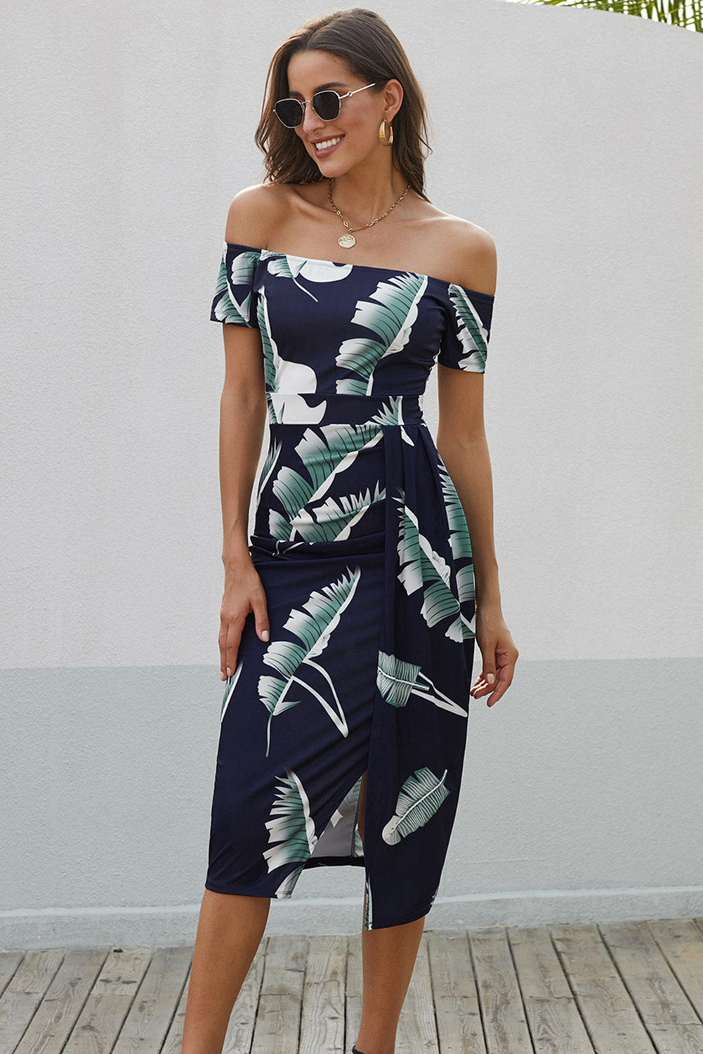 Printed Off-Shoulder Split Dress-Angel Casuals