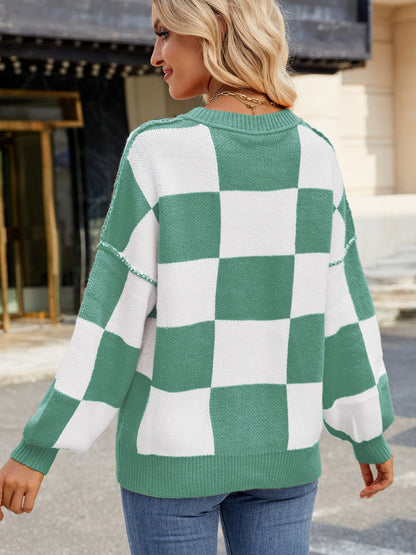 Checkered Round Neck Long Sleeve Sweater-Angel Casuals