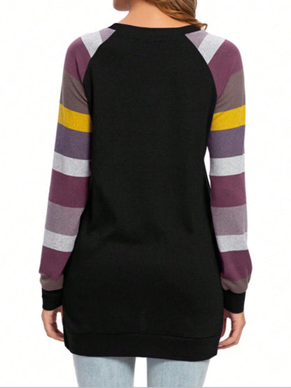 Color Block Round Neck Long Sleeve T-Shirt-Angel Casuals
