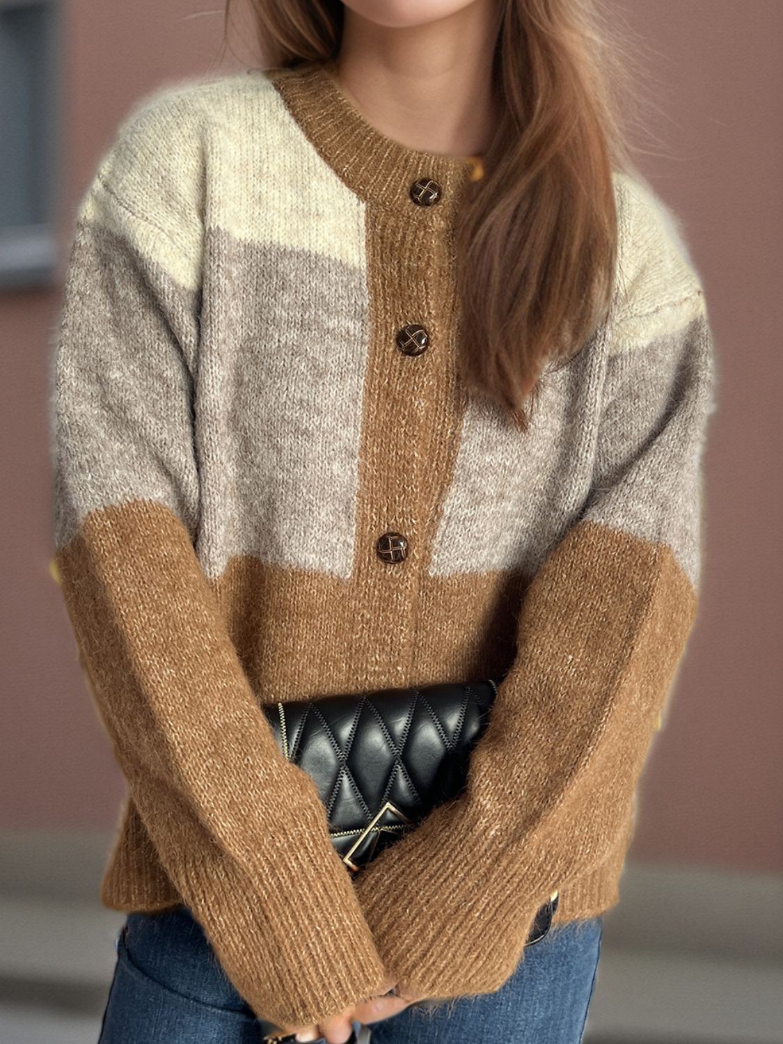 Color Block Round Neck Button Up Cardigan-Angel Casuals