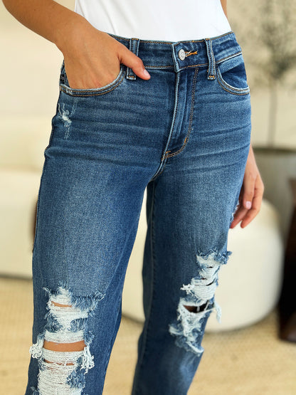 Judy Blue Full Size Mid Rise Distressed Raw Hem Jeans-Angel Casuals