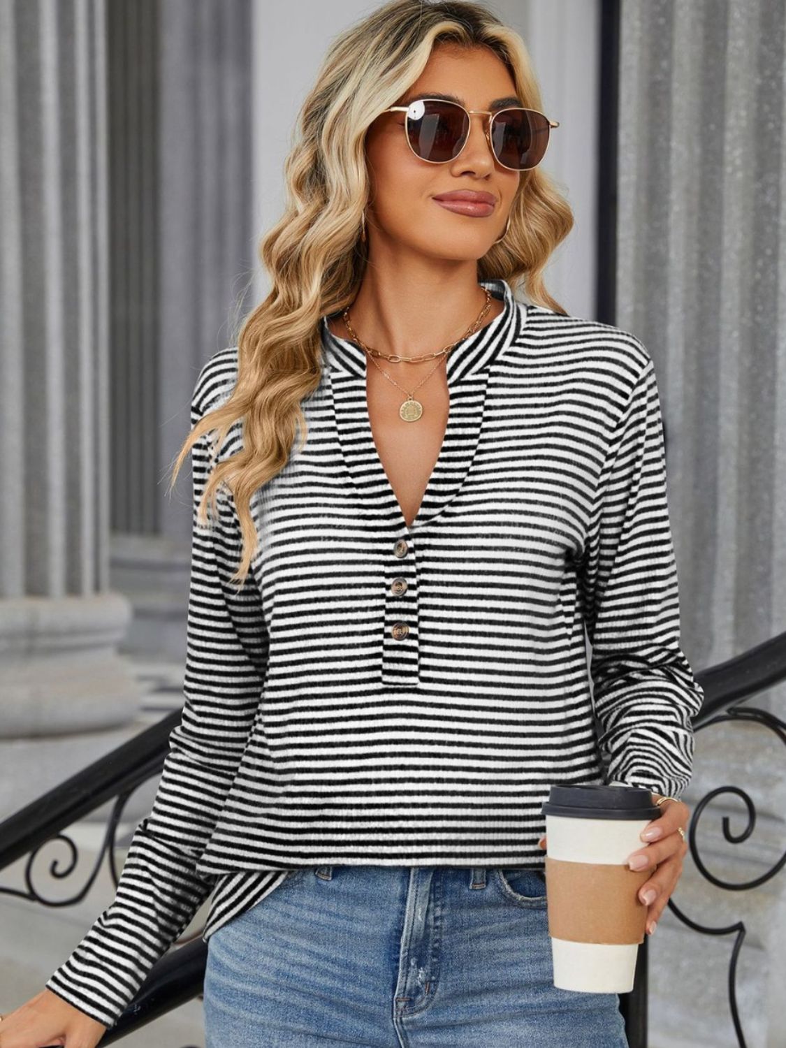 Striped Notched Long Sleeve T-Shirt-Angel Casuals