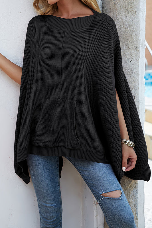 Waffle-Knit Pocketed Cape Sleeve Sweater-Angel Casuals