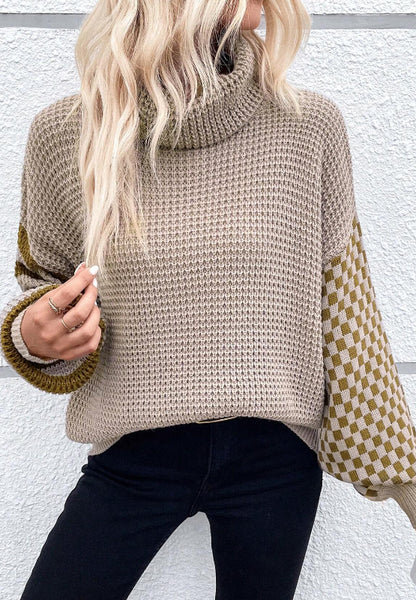 Striped & Checkered Turtleneck Dropped Shoulder Sweater-Angel Casuals