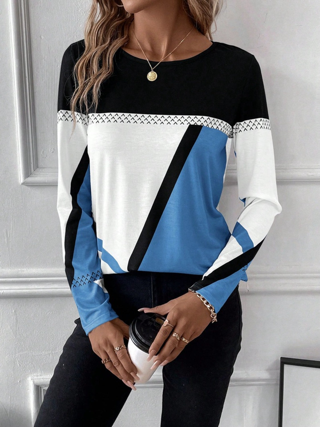 Contrast Round Neck Long Sleeve T-Shirt-Angel Casuals