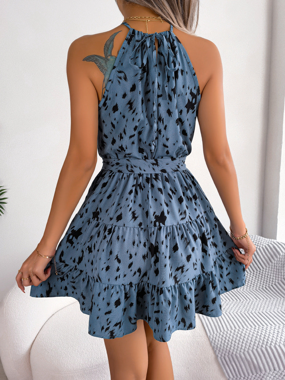 Halter Neck Printed Tie Waist Sleeveless Mini Dress-Angel Casuals