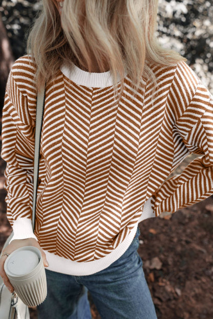 Striped Round Neck Long Sleeve Sweater-Angel Casuals