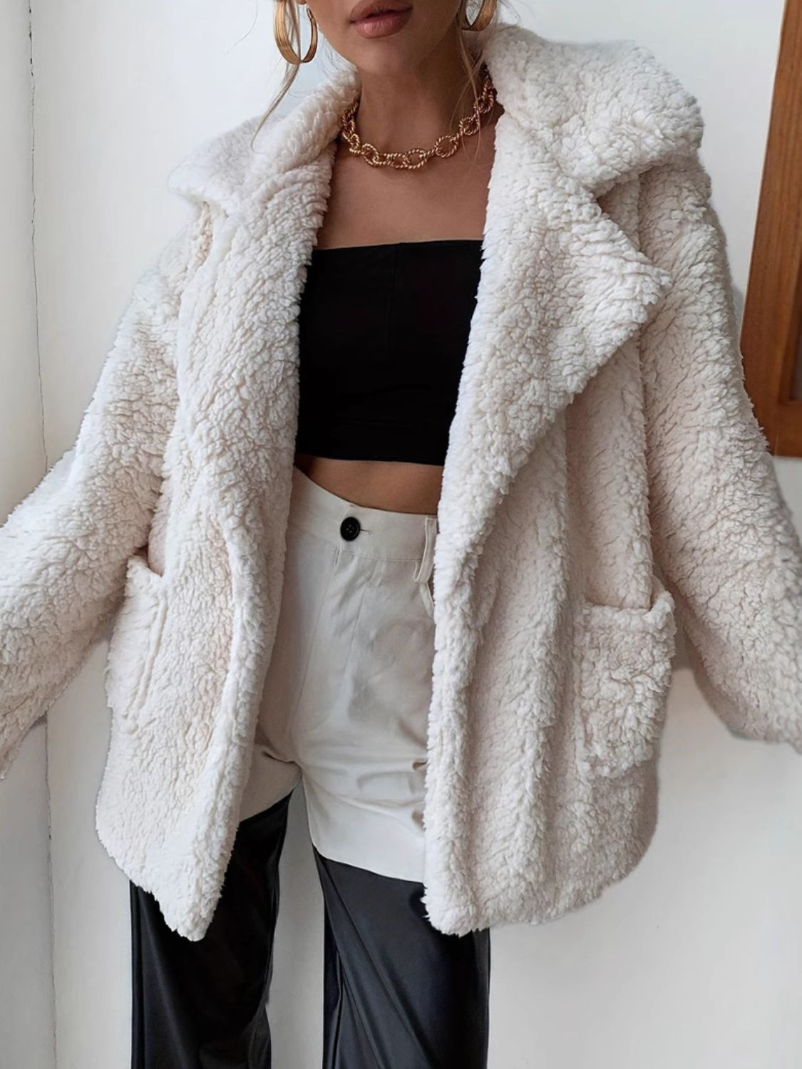 Fuzzy Open Front Long Sleeve Coat-Angel Casuals