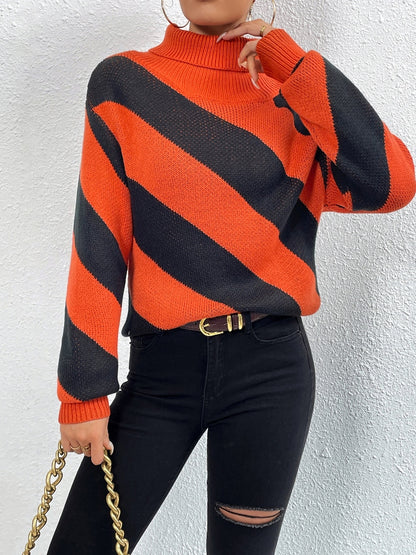 Striped Turtleneck Dropped Shoulder Sweater-Angel Casuals