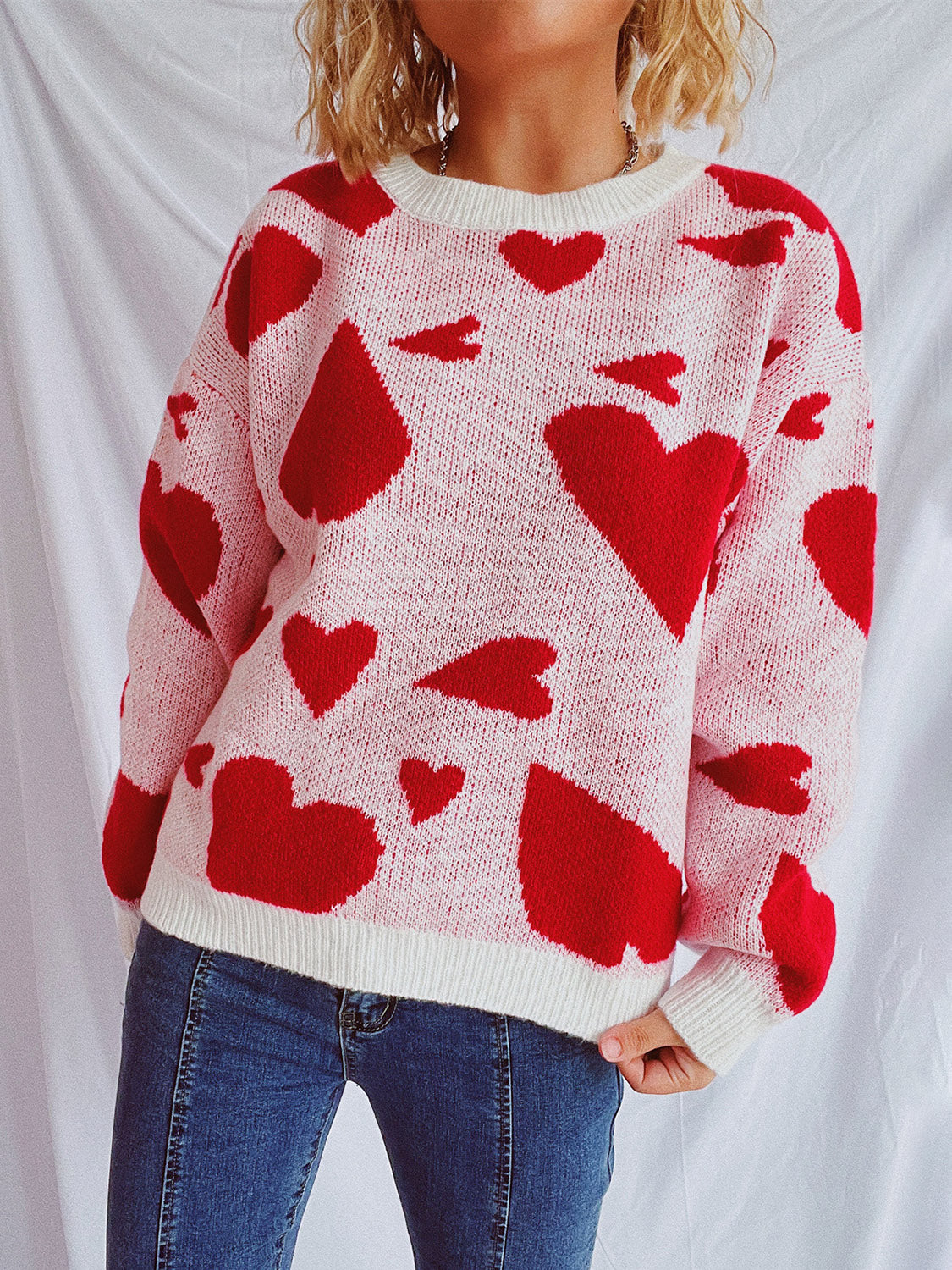 Heart Round Neck Long Sleeve Sweater-Angel Casuals