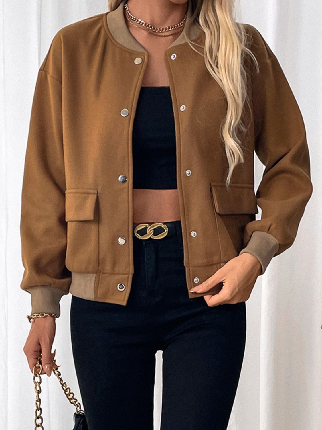 Perfee Baseball Collar Snap Down Long Sleeve Jacket-Angel Casuals