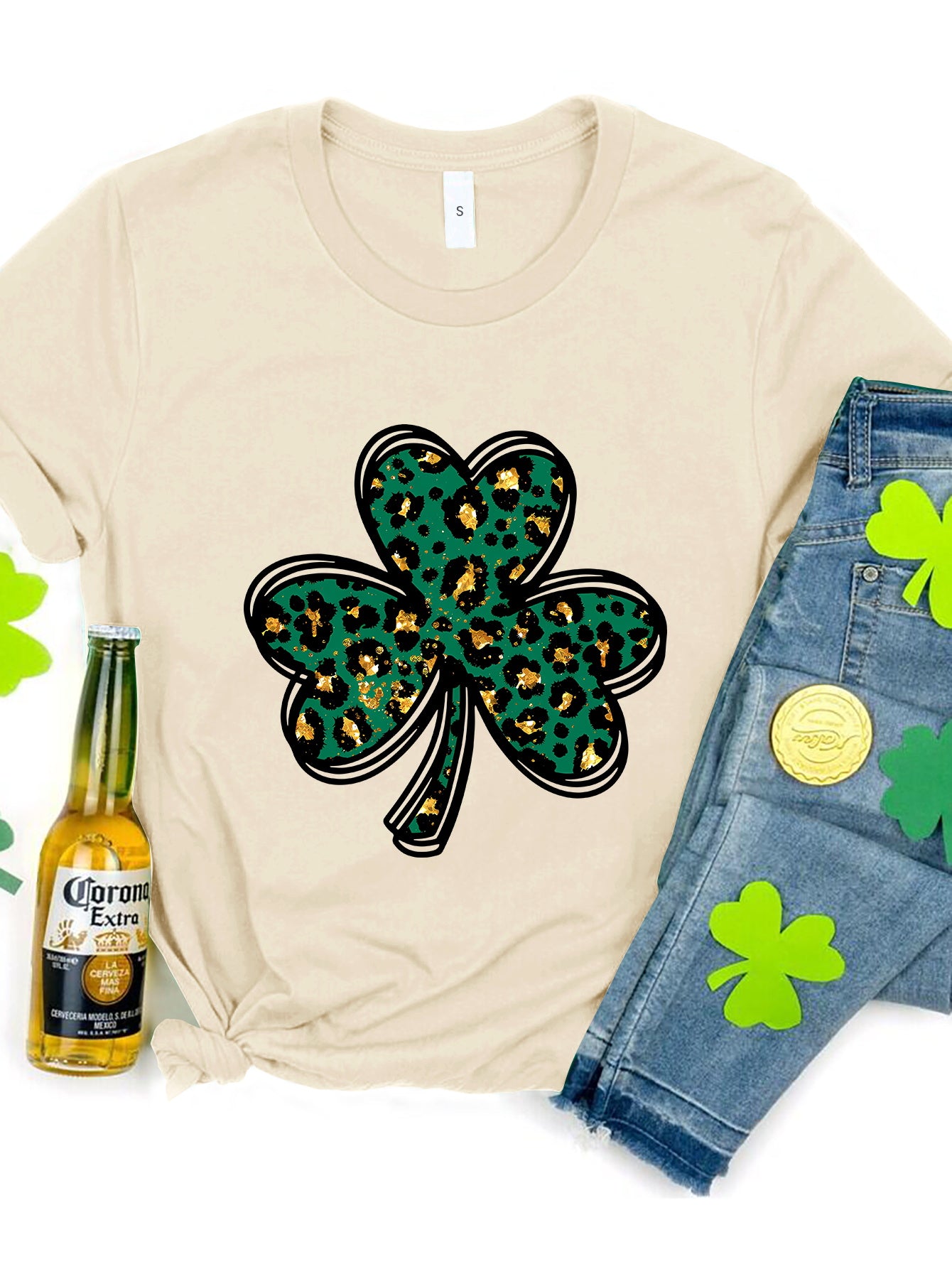 Lucky Clover Round Neck Short Sleeve T-Shirt-Angel Casuals