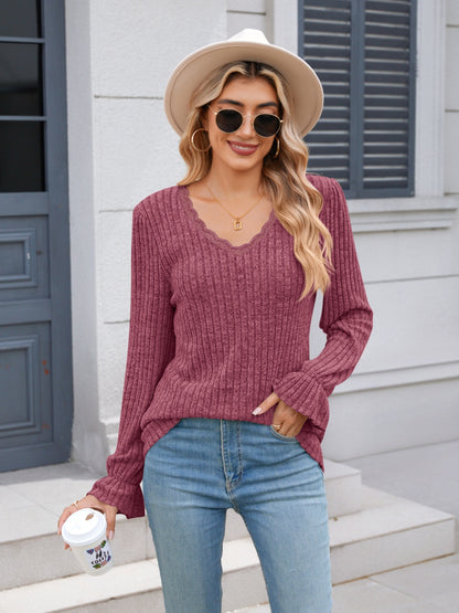 Lace Detail V-Neck Long Sleeve T-Shirt-Angel Casuals
