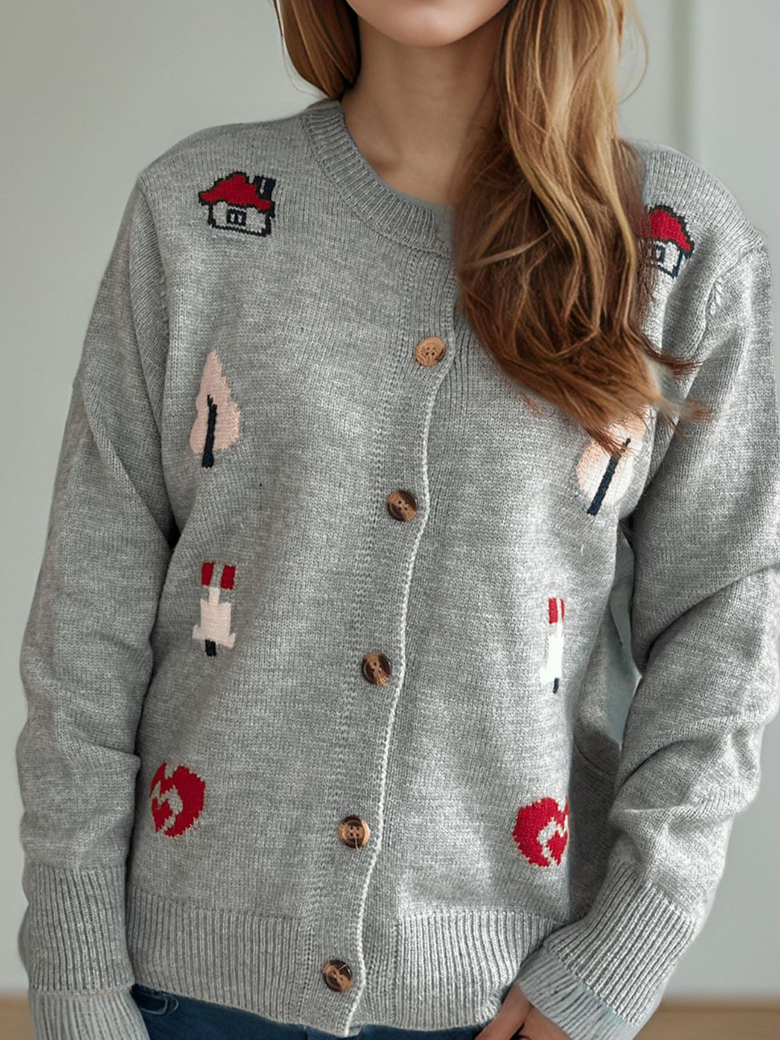 Button Up Round Neck Long Sleeve Cardigan-Angel Casuals