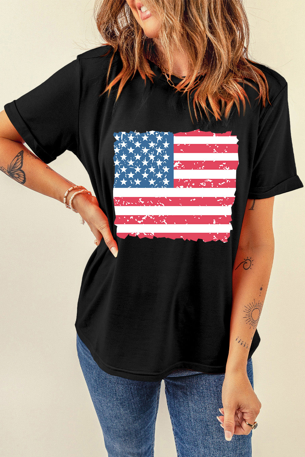 US Flag Round Neck Short Sleeve T-Shirt-Angel Casuals