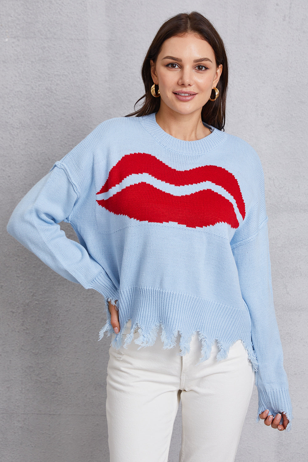 Lip Fringe Round Neck Sweater-Angel Casuals