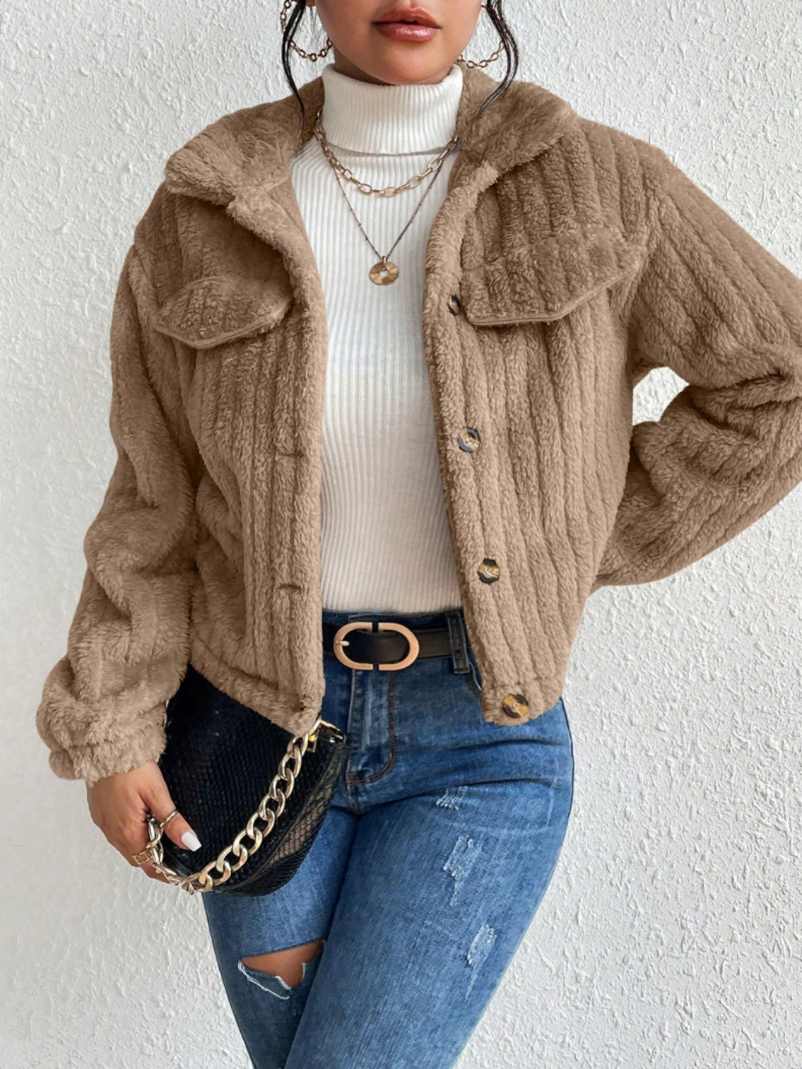 Fuzzy Button Up Collared Neck Jacket-Angel Casuals