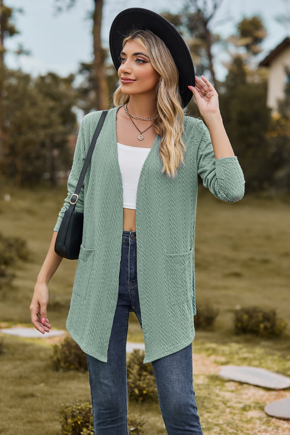 Cable-Knit Long Sleeve Cardigan with Pocket-Angel Casuals