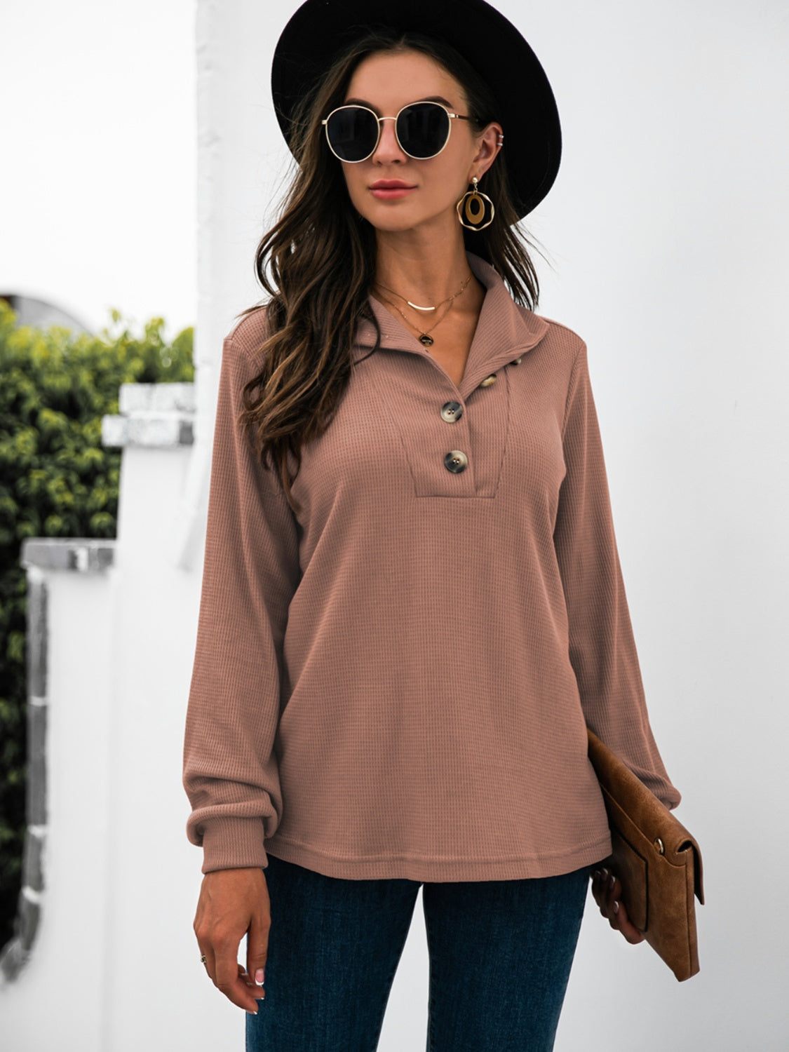 Half Button Long Sleeve T-Shirt-Angel Casuals