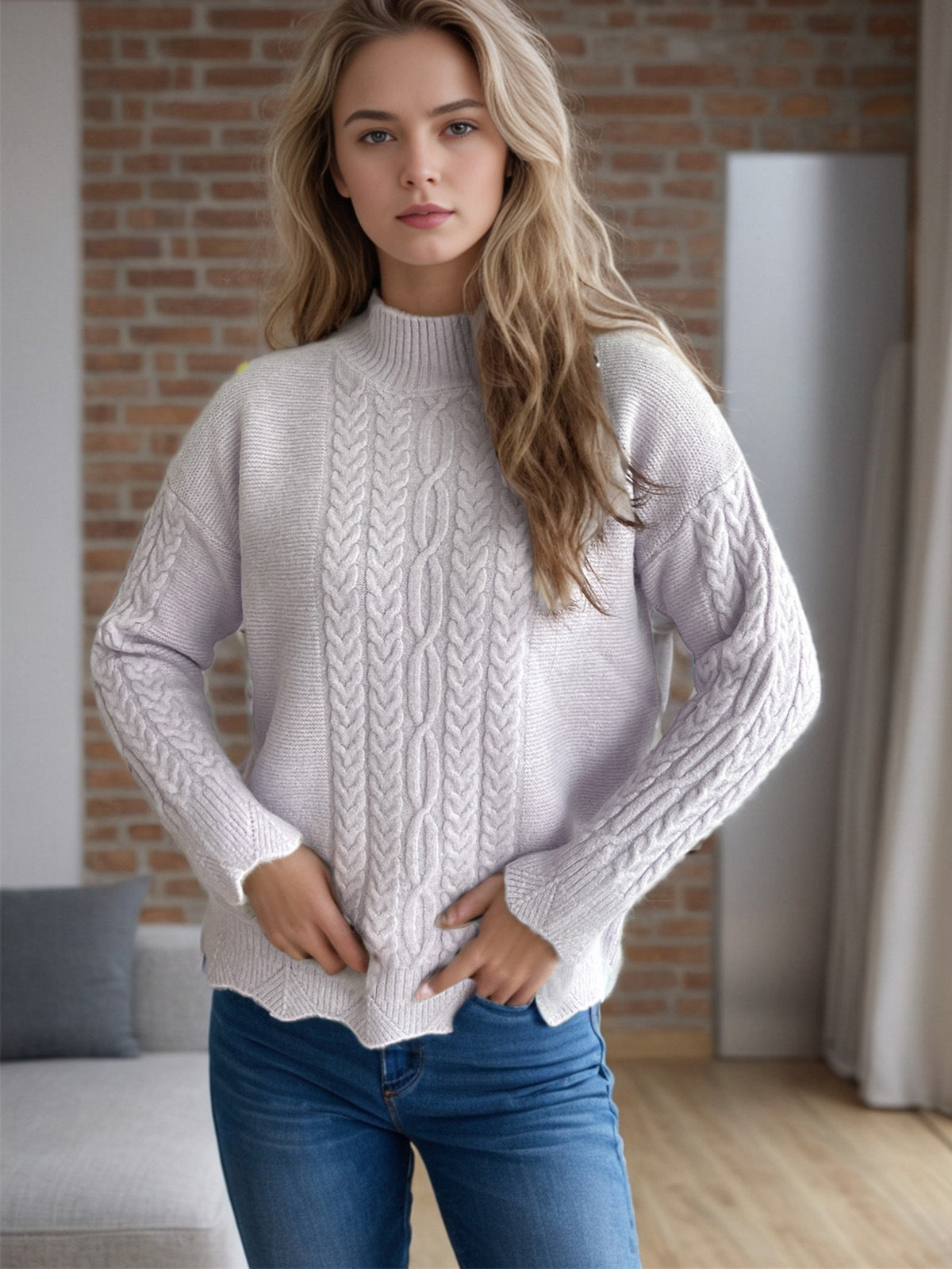 Cable-Knit Mock Neck Dropped Shoulder Sweater-Angel Casuals