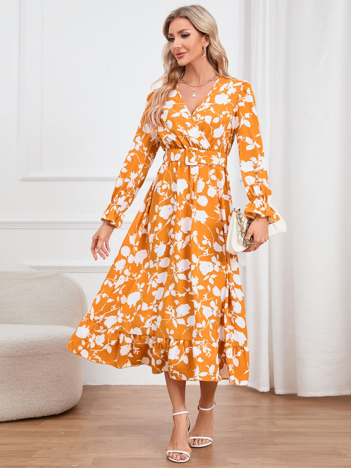 Floral Surplice Flounce Sleeve Ruffle Hem Dress-Angel Casuals